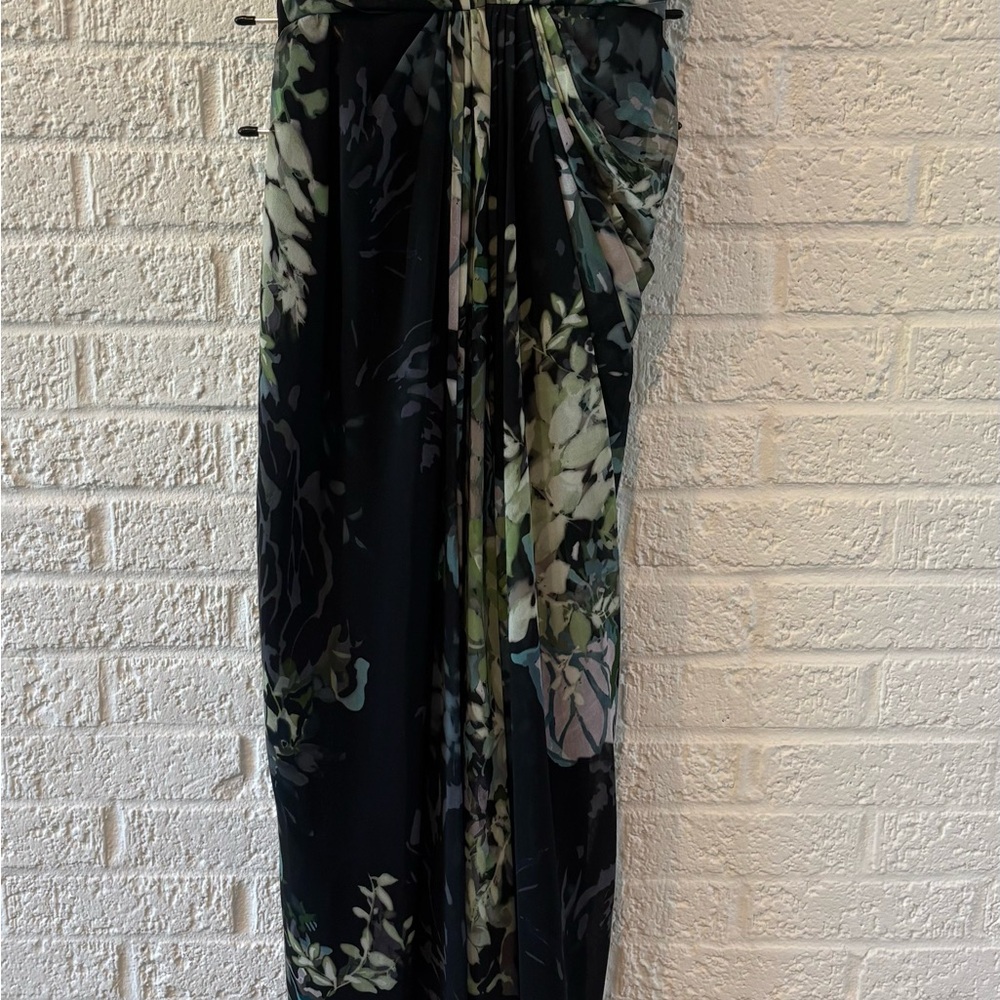 Badgley Mischka Green Black Ruched Strapless Maxi Dress